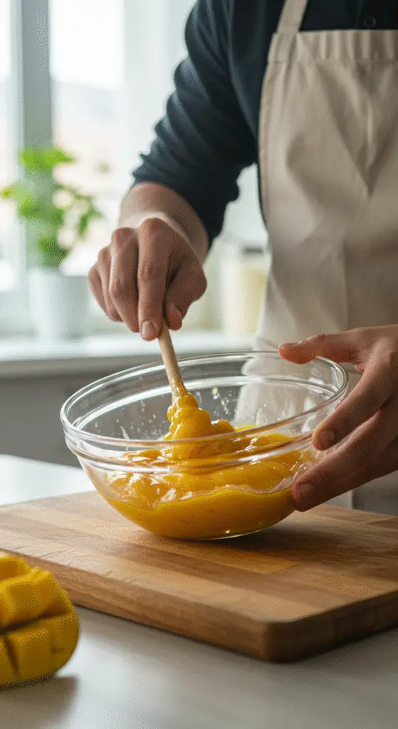Processus de cuisson pour un baume à lèvres au mango et au miel maison avec une personne mélangeant les ingrédients dans une cuisine