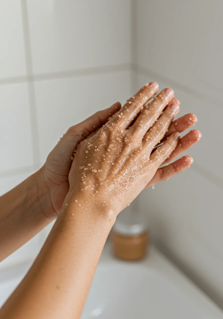 Gros plan des mains qui exfolient doucement avec un gommage au sucre DIY dans une salle de bain propre