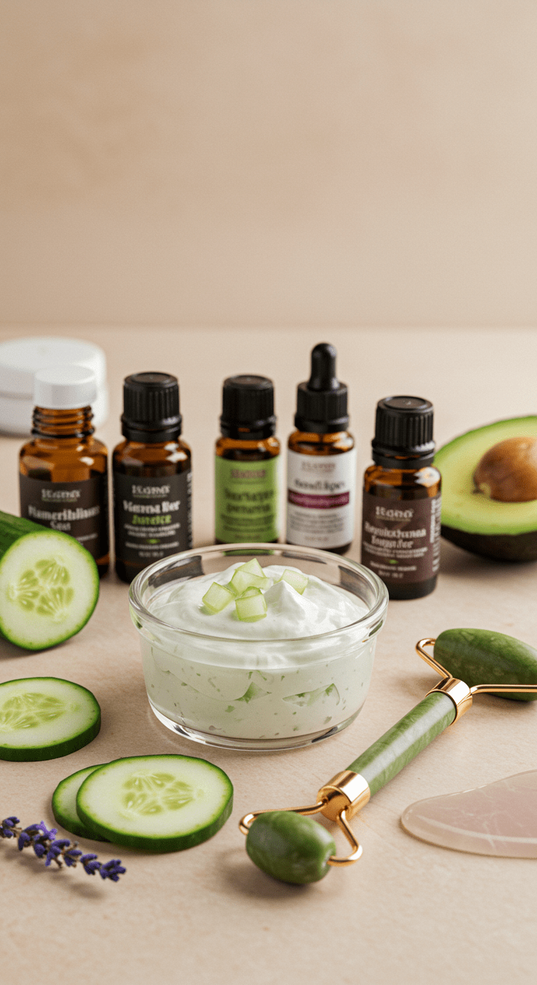 Disposition de produits de soins naturels de la peau et d'outils pour créer un remède maison contre les rides sous les yeux