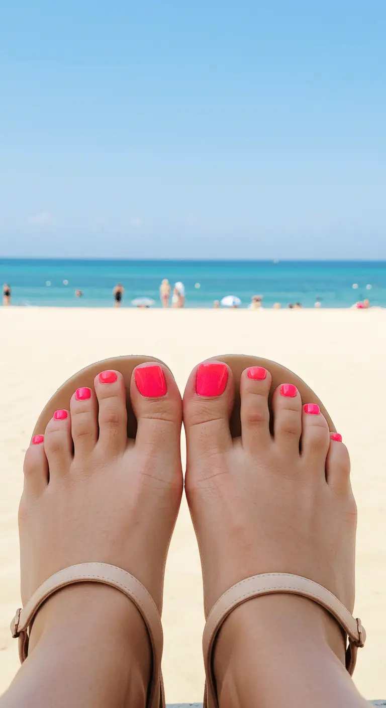 Idées d'ongles de pieds estivaux tendances avec des effets de dégradé dans un cadre de plage relaxant