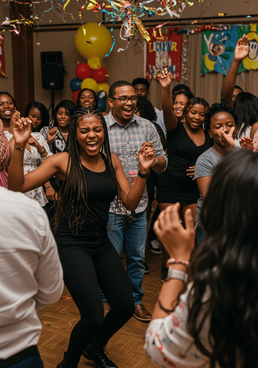 Happy people dancing at a celebration of life event with colorful decorations