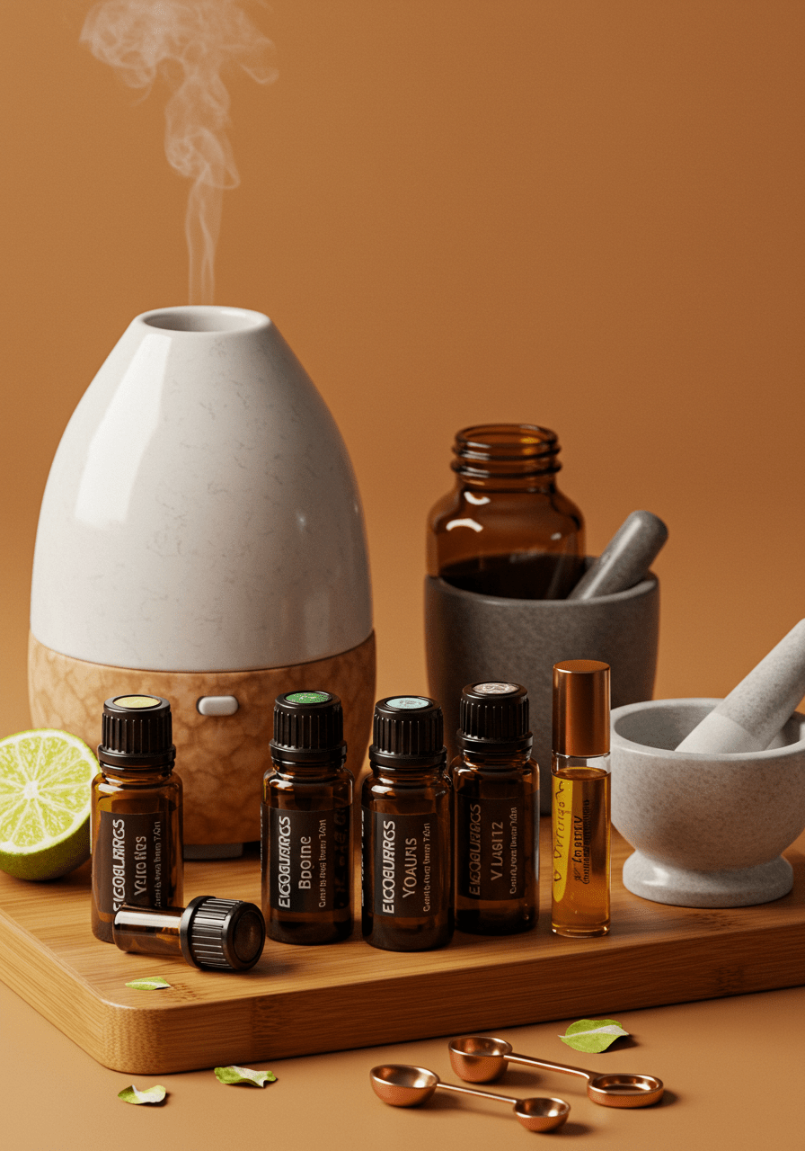 DIY diffuser and roller recipe setup with essential oils and blending tools for stress relief