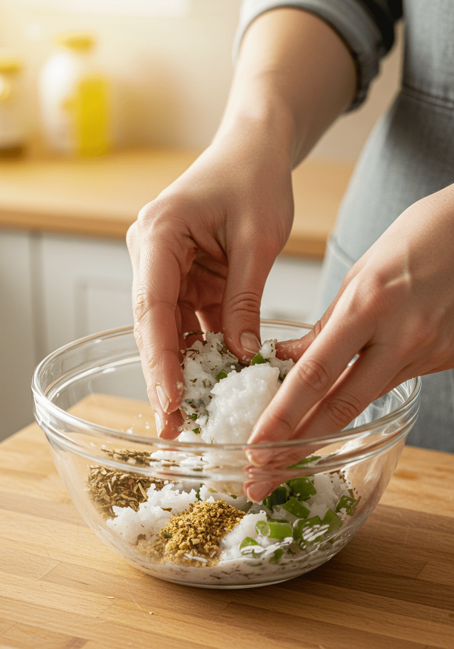 Des mains mélangeant les ingrédients naturels dans un bol en verre pour la préparation de la crème pour pieds faits maison