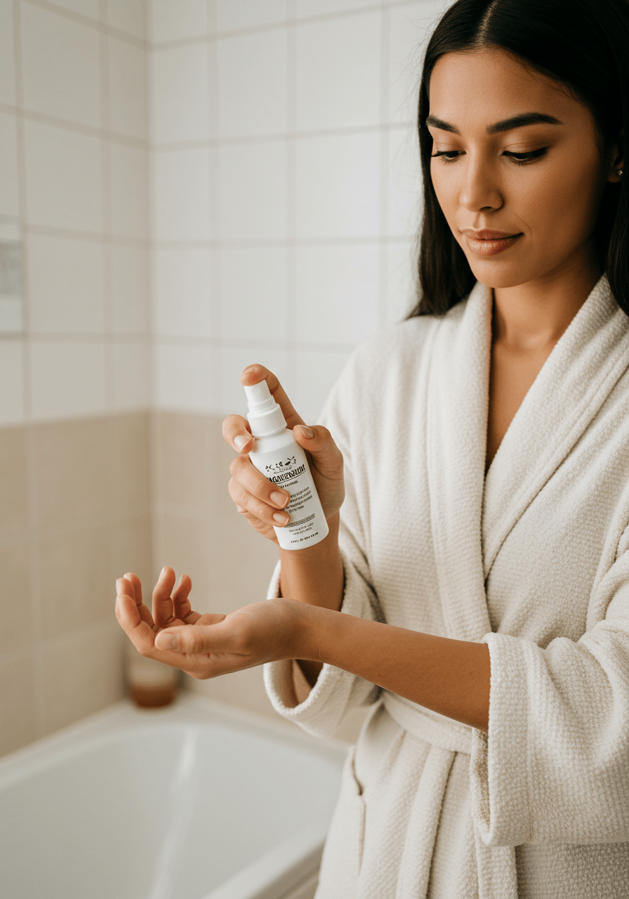 Personne vaporisant du spray de magnésium sur les bras dans une salle de bain pour la relaxation et les bienfaits musculo-squelettiques