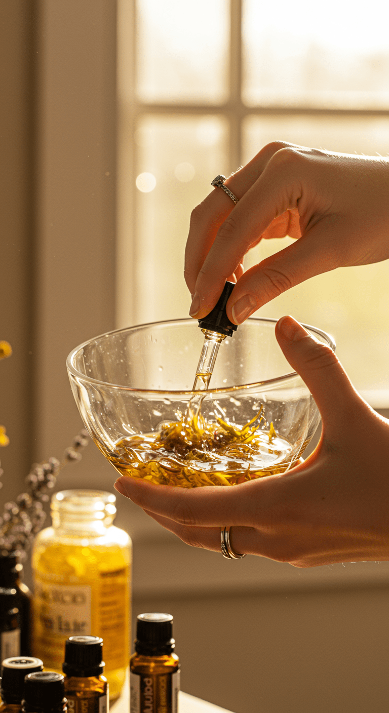 Des mains mélangeant des huiles essentielles dans un bol en verre pour créer le mélange d'huiles essentielles de concentration