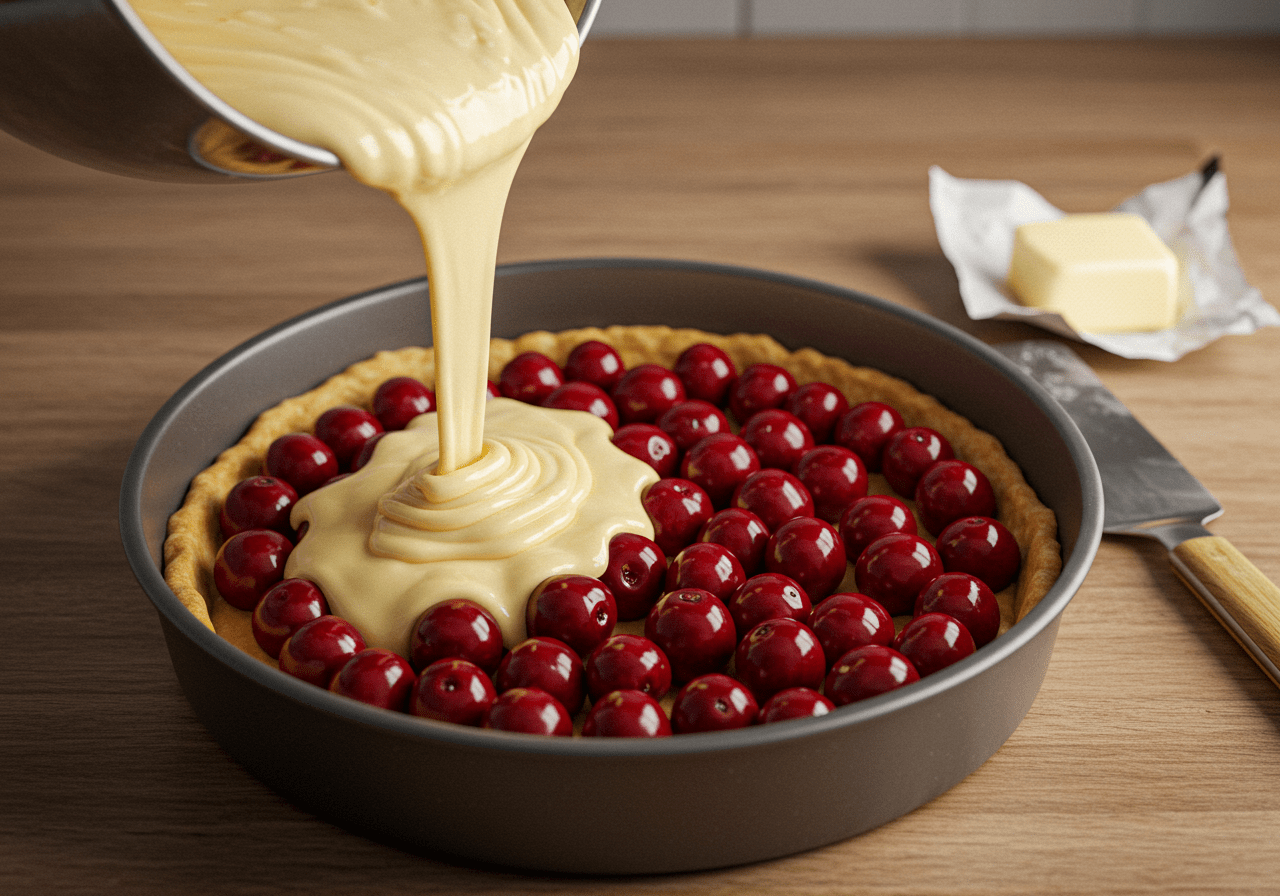 Batter being poured over cherries in a dish for Clafoutis aux Cerises Moelleux.