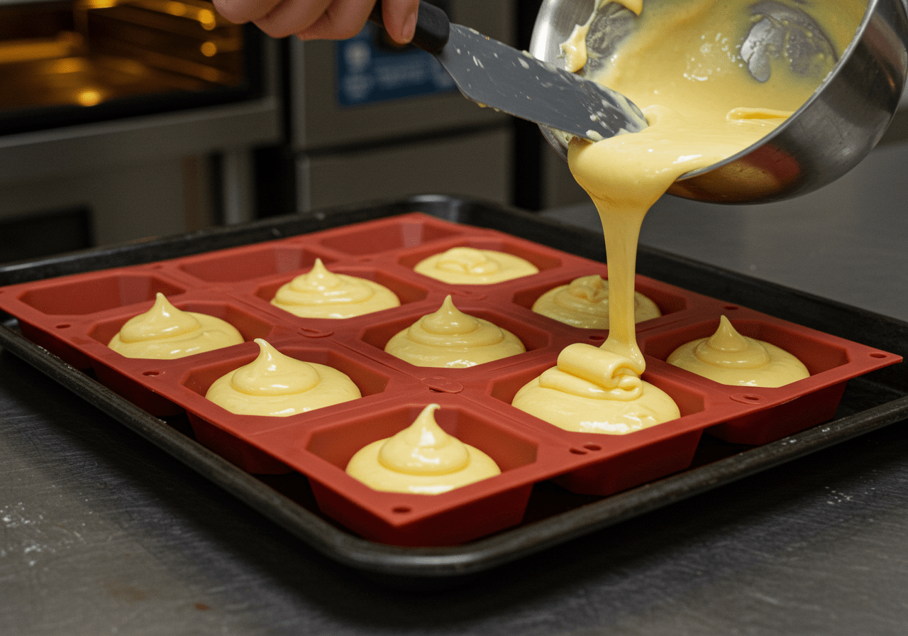Moules en silicone remplis de pâte à financiers prêts pour la cuisson.