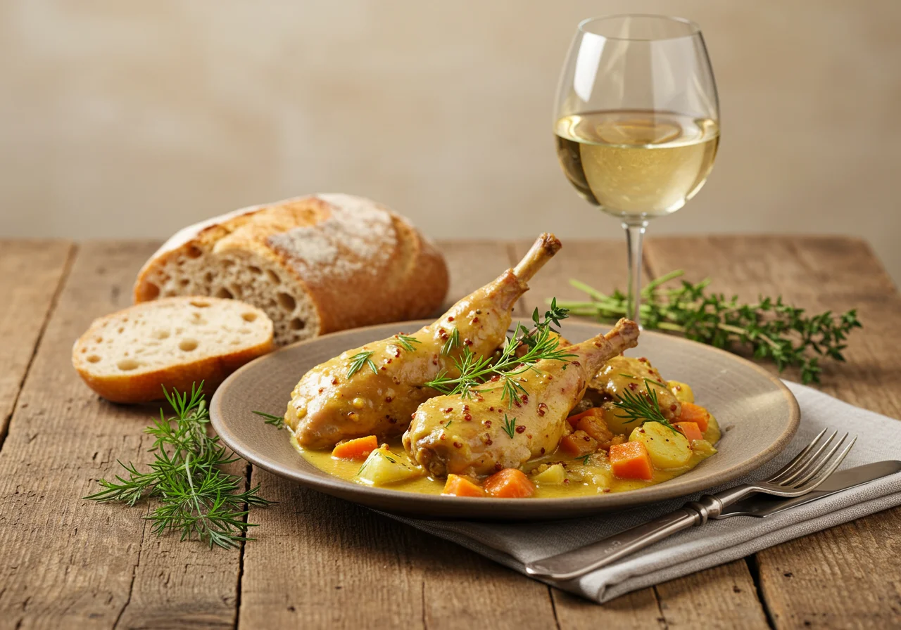 Plat de Lapin à la Moutarde terminé, parfait pour un repas français.