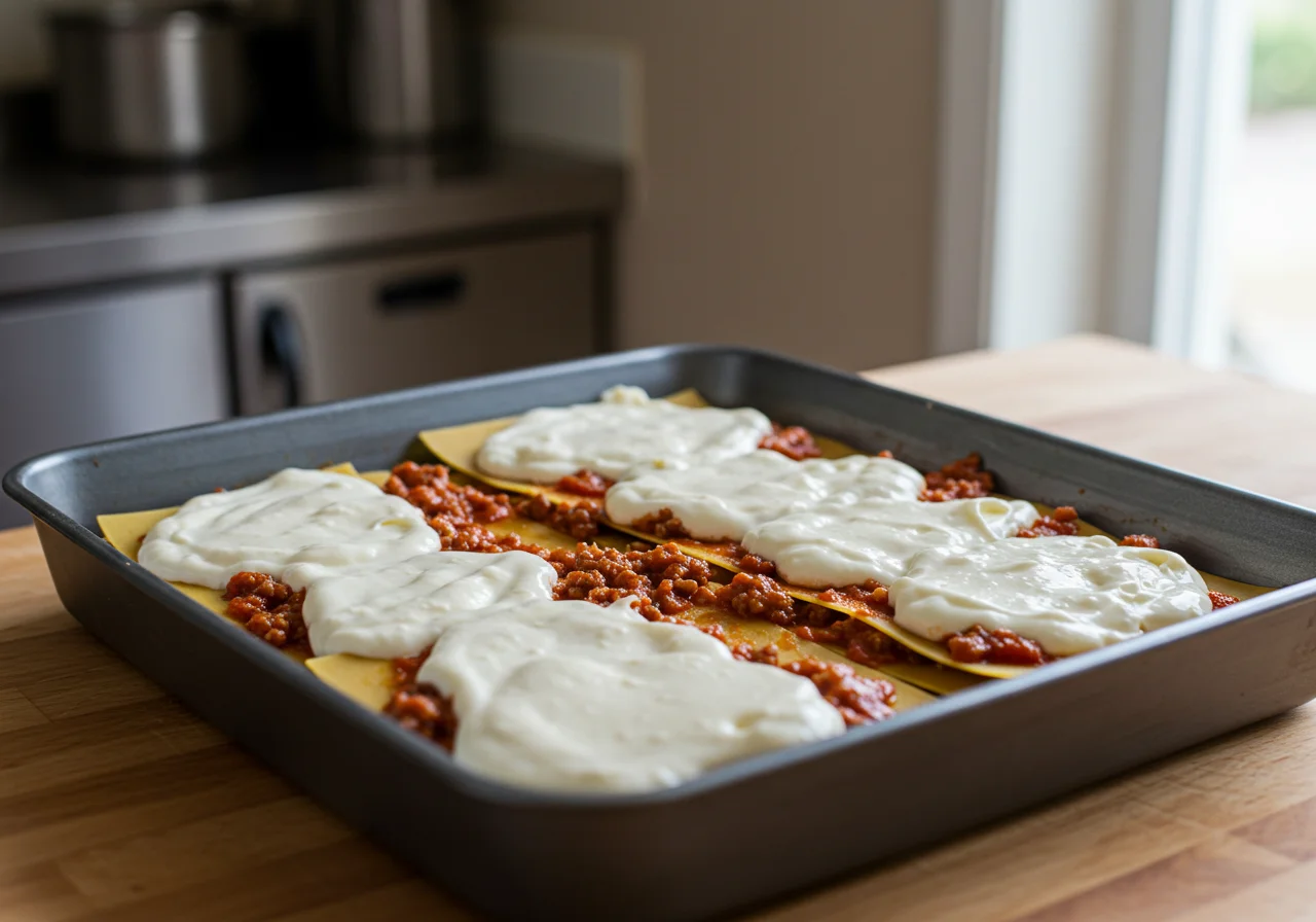Layering lasagna with pasta, Bolognese sauce, and béchamel for Lasagnes à la Bolognese.