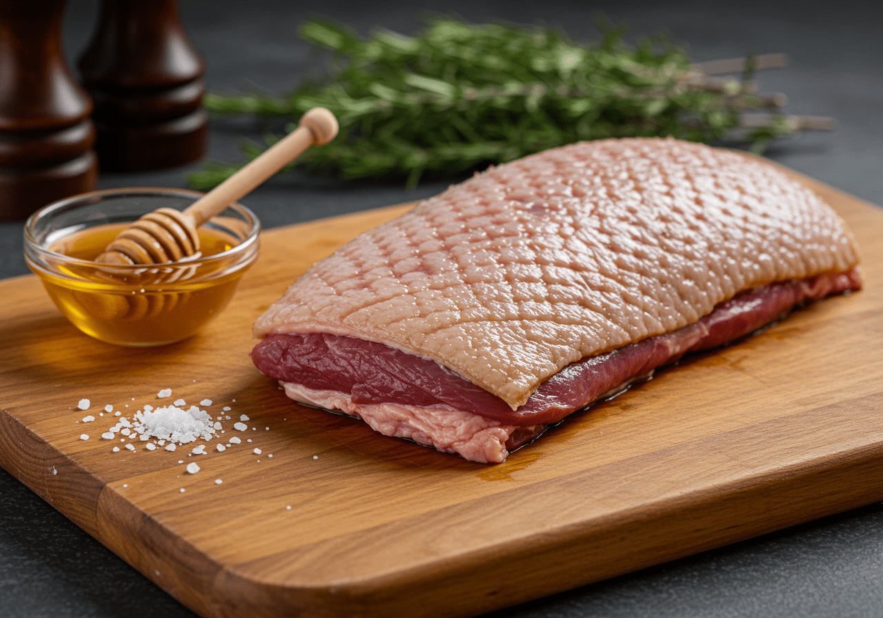 Preparation of duck breast for Magret de Canard au Miel with honey and herbs.