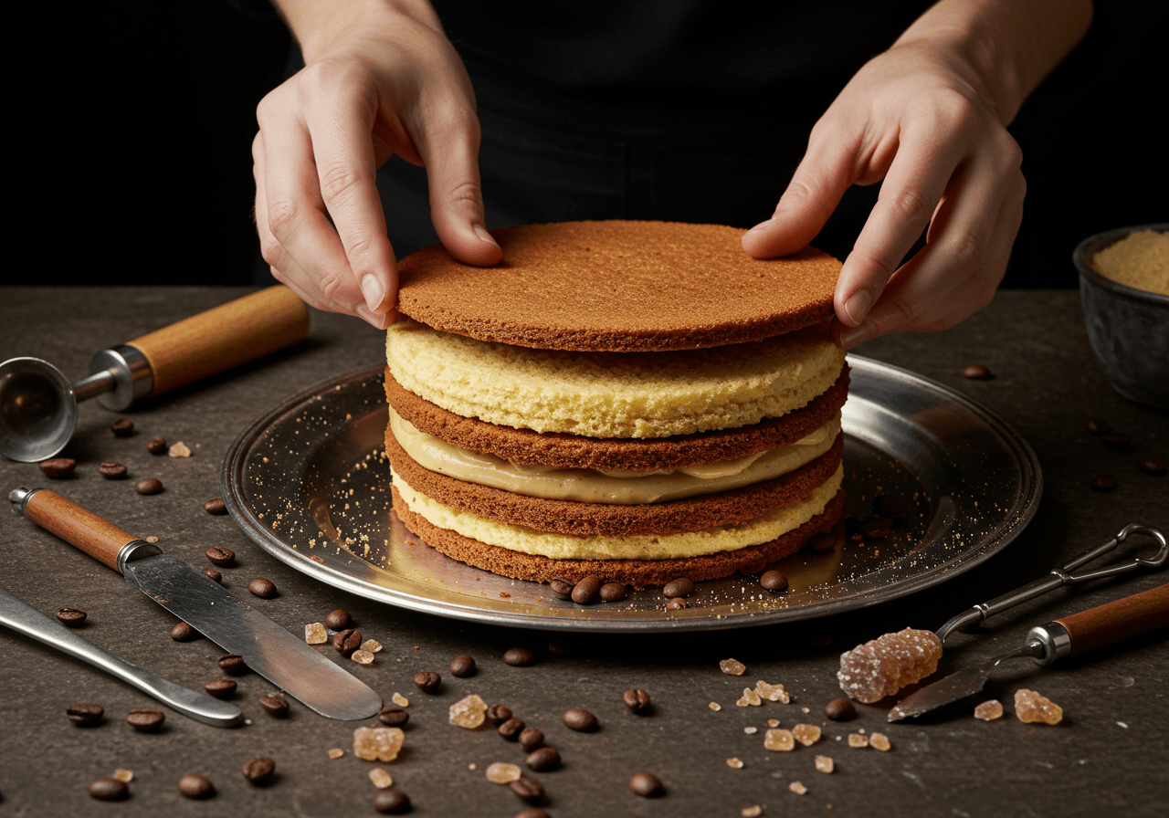 Assembling layers of sponge cake for Opéra Gourmand, showcasing the coffee-infused flavor.