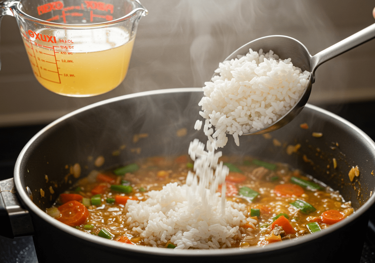 Rice being added to the chicken, seafood, and chorizo for the Paella Espagnole Royale Mixte.