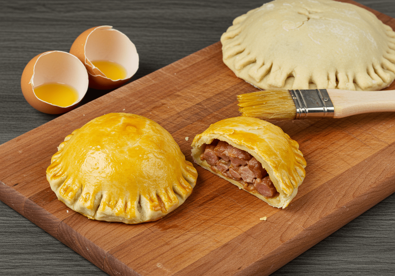 Brushing egg wash on Pâté en Croûte Raffiné before baking for a golden crust.