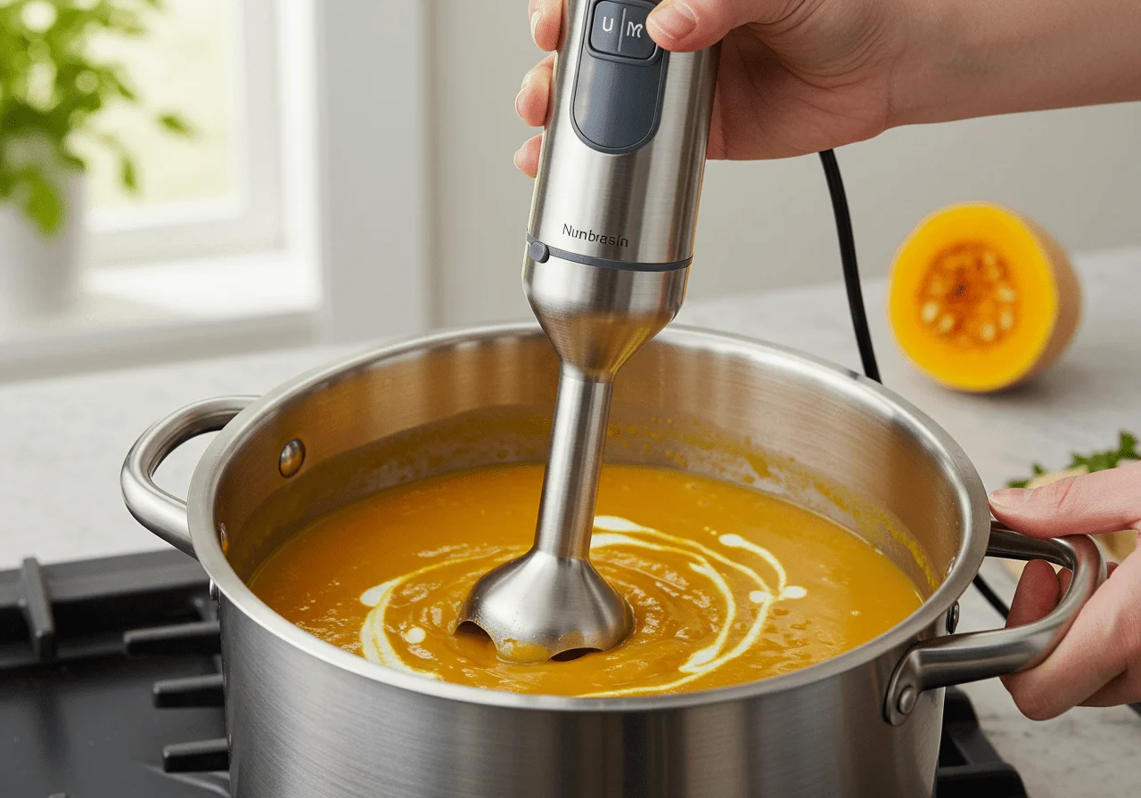 Blending the soup to a creamy consistency for Potage Parmentier Réconfortant.