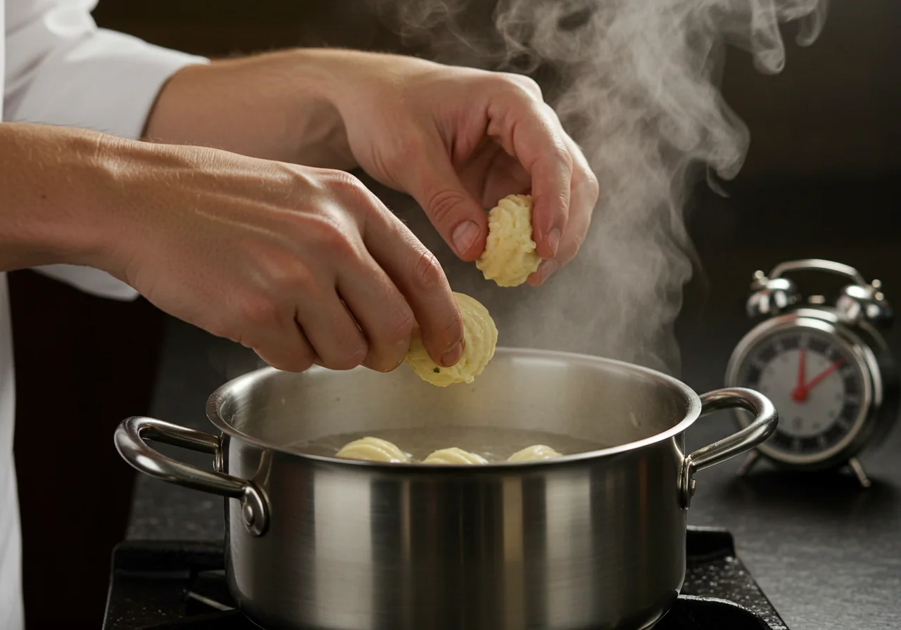 Dropping quenelles into simmering water for cooking Quenelles de Brochet.