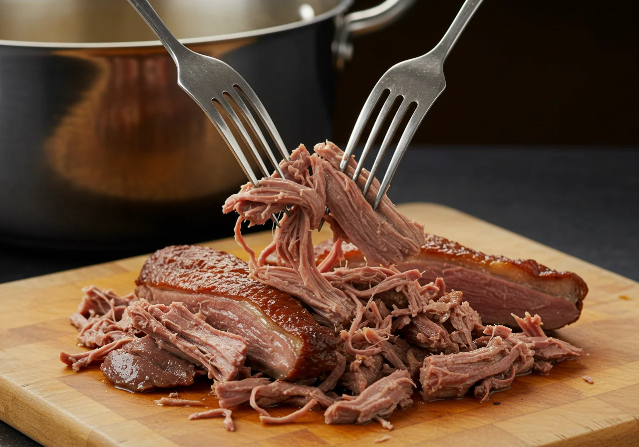 Shredded duck meat prepared for Rillettes de Canard on a cutting board.