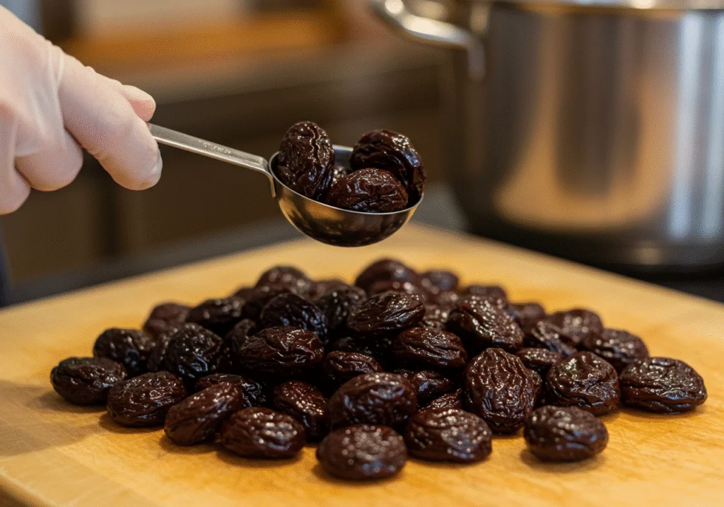 Pitted prunes being prepared for the Rôti de boeuf aux Pruneaux dish.