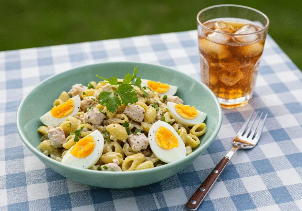 Beautifully garnished Salade de pâtes au poulet et œufs durs on a picnic table, perfect for summer meals.