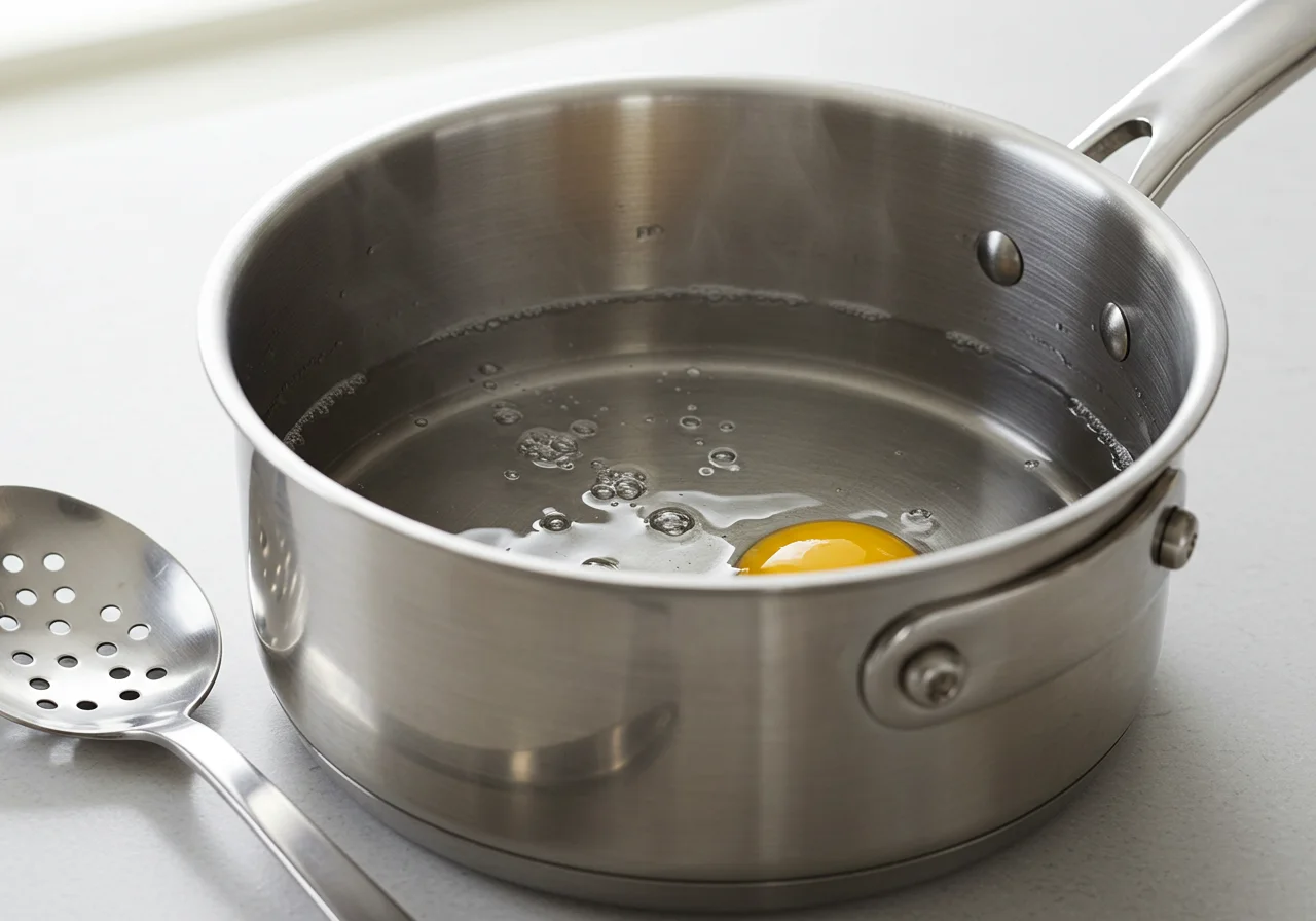 Simmering vinegar water for poaching eggs in the Salade Lyonnaise Savoureuse preparation.