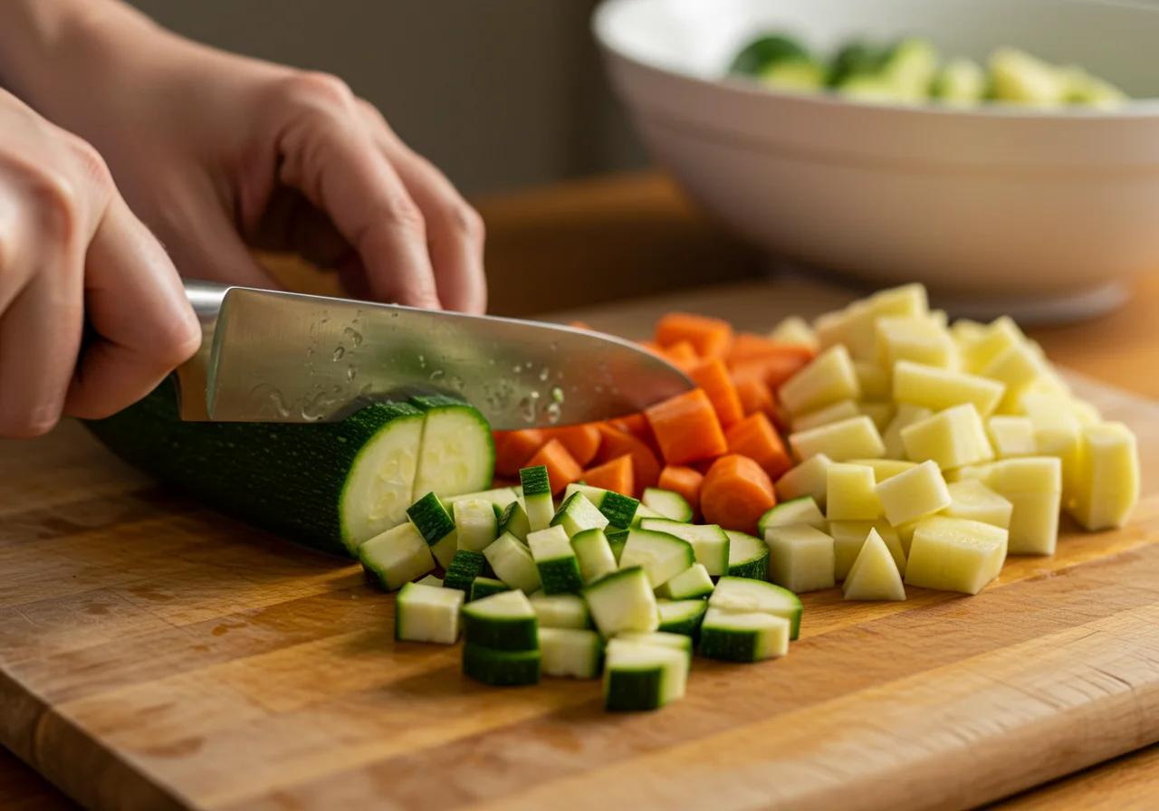 Chopped vegetables for adding to Soupe au Pistou Aromatique preparation.