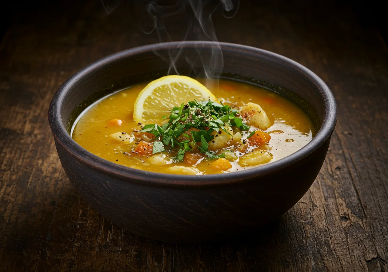 Finished Soupe de Poisson Corsée served in a bowl with lemon and herbs, ideal for a seafood meal.