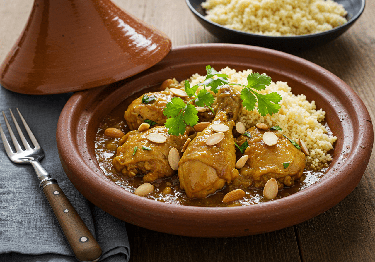 Finished Tajine de Poulet aux Épices et Miel with couscous and garnishes, perfect for a delightful meal.