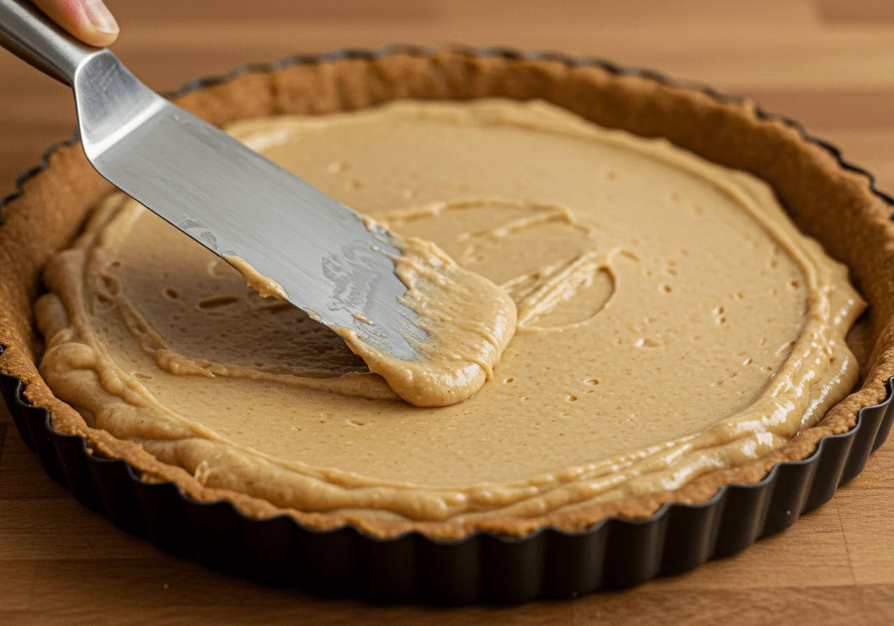 Croûte de tarte mousse exotique goyave passion et coco étalée uniformément dans un moule à tarte.