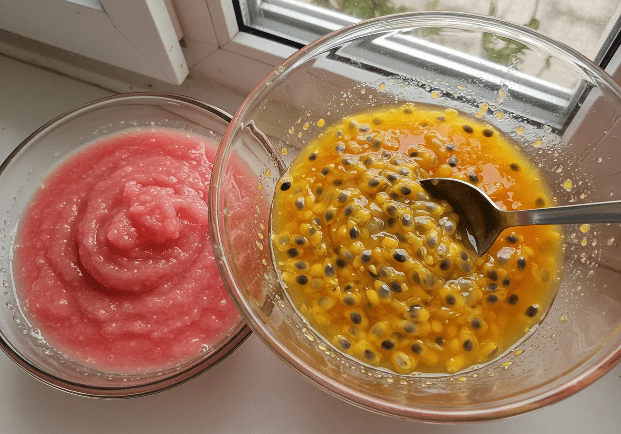 Préparation de la mousse exotique avec de la purée de goyave et de la passion pour la tarte mousse exotique.