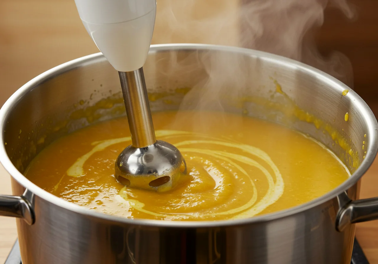 Utilisation d'un mixeur plongeant pour obtenir un velouté crémeux de champignons.