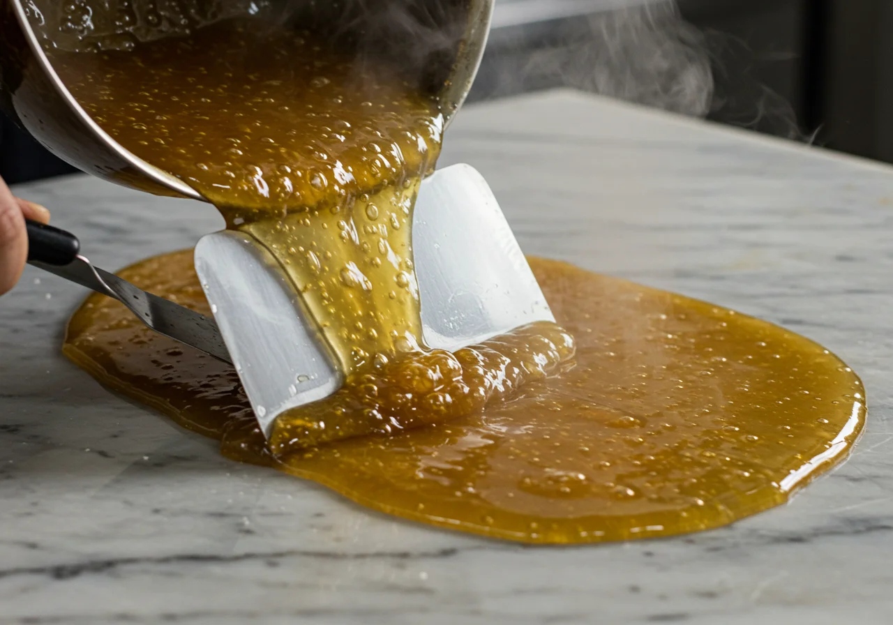 Versement du mélange de bonbons piquants au gingembre sur un plan de marbre pour faire une couche lisse.