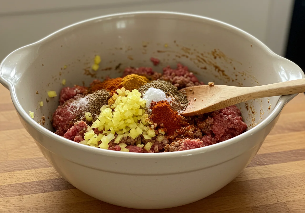 Preparing the meat mixture for Boulets à la Liégeoise in a mixing bowl.