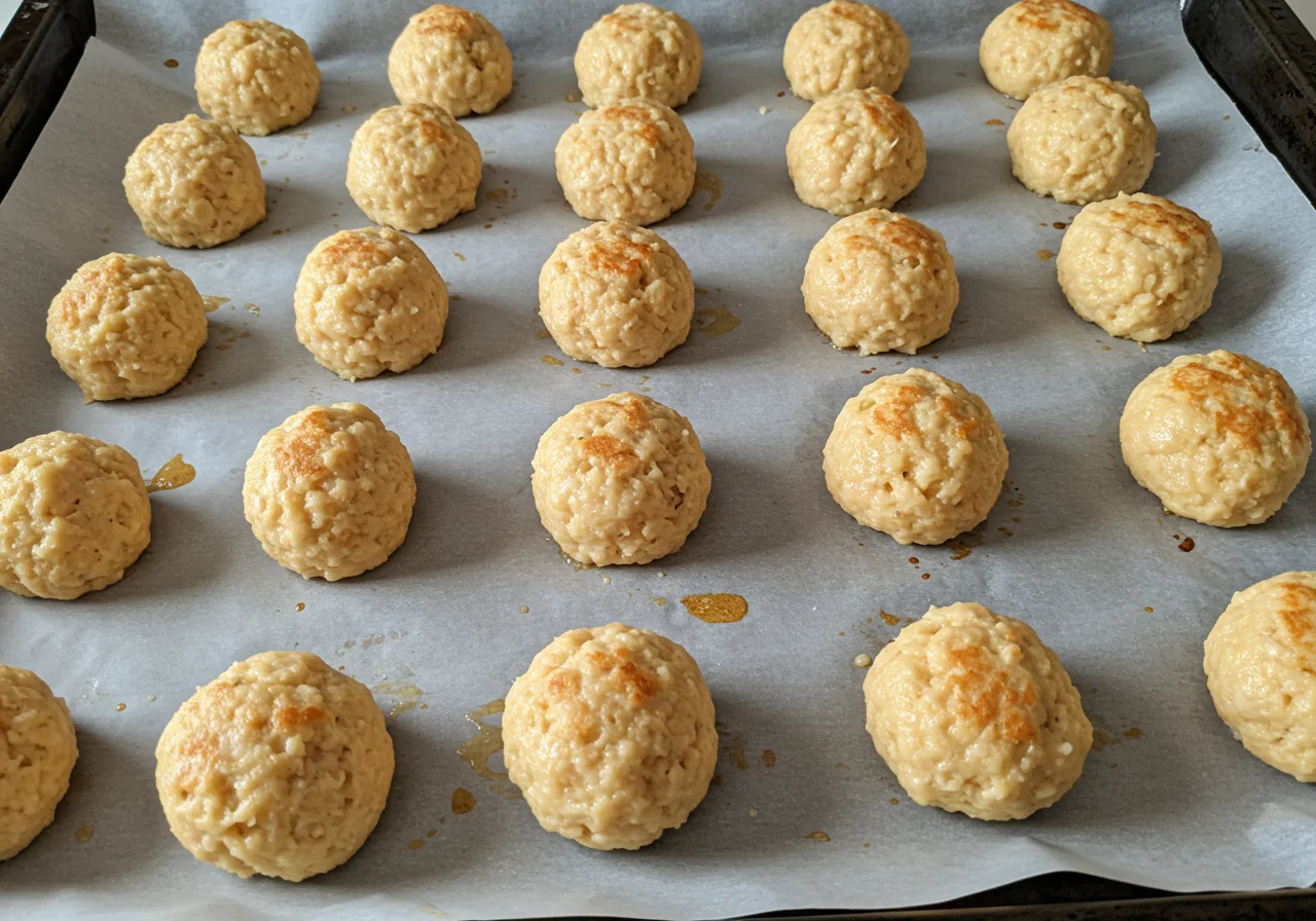 Boulettes de poulet moelleuses formées et disposées sur une plaque de cuisson recouverte de papier sulfurisé, prêtes pour le four.