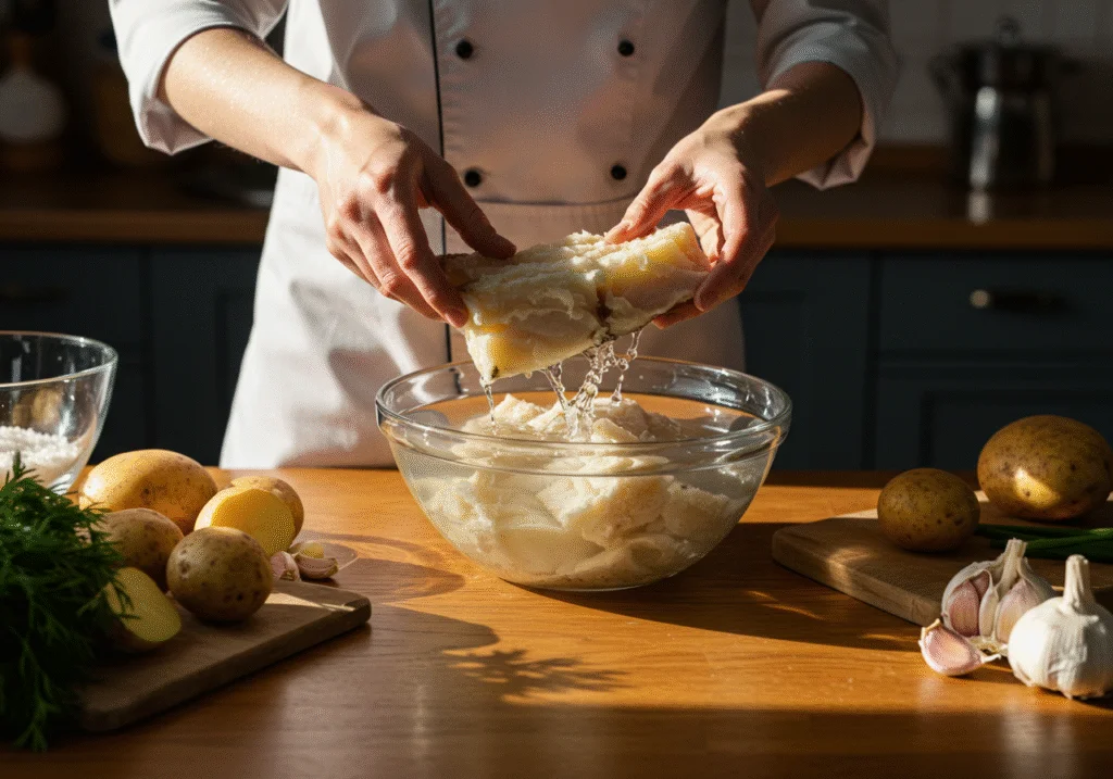 Préparation de la vraie brandade de morue avec du morue salée trempée dans l'eau dans une cuisine ensoleillée.