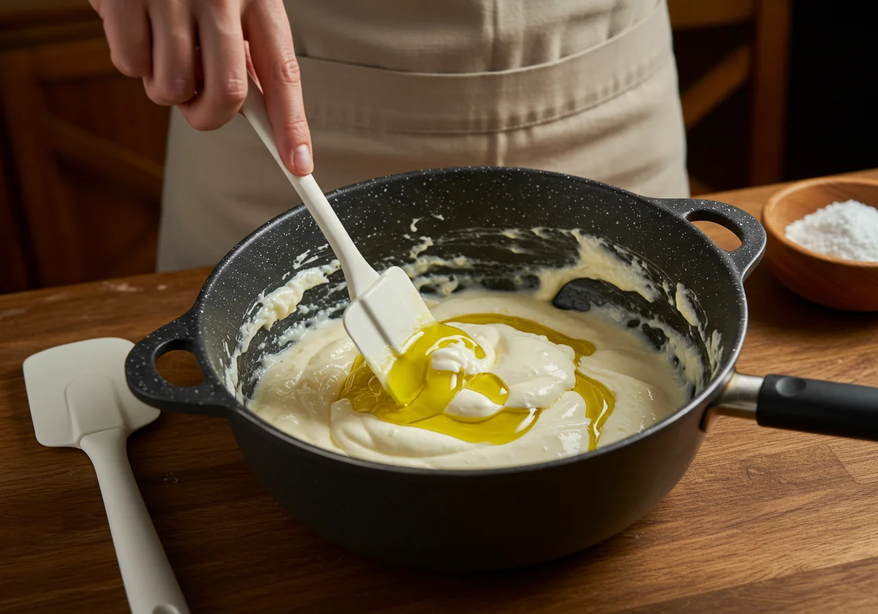 Incorporation d'huile d'olive et de crème pour la vraie brandade de morue dans un mélange, créant une consistance crémeuse dans une cuisine rustique.