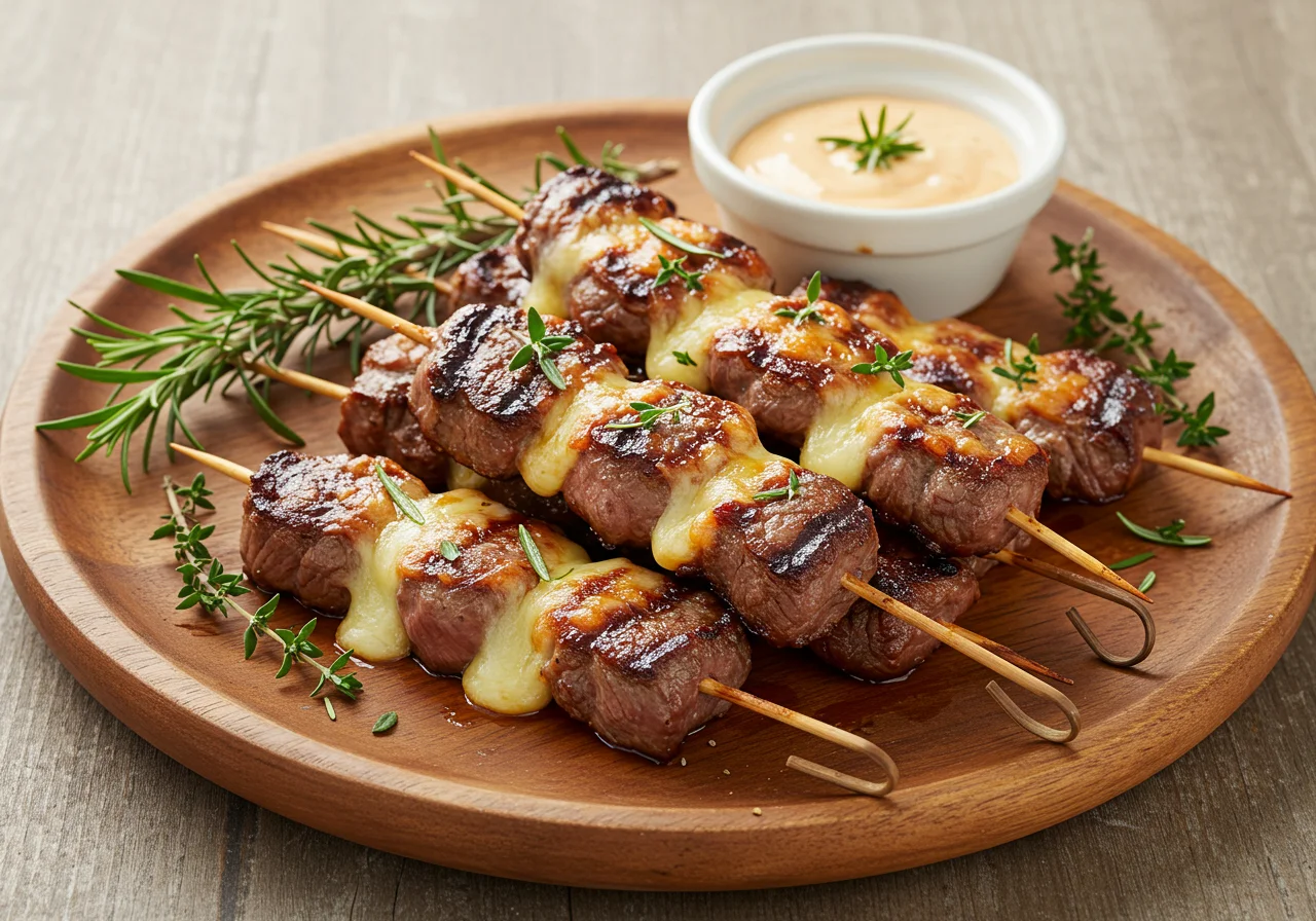 Présentation de brochettes de boeuf fromage grillées sur un plateau, accompagnées d'herbes fraîches et d'une sauce d'accompagnement.
