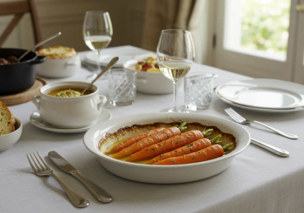 Stylishly served Carottes Vichy Beurrées on a dining table, perfect for French cuisine enthusiasts.