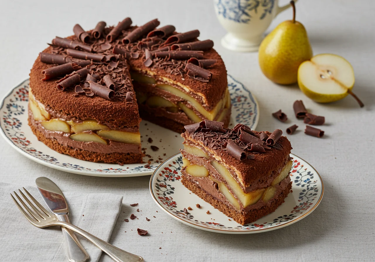 Présentation de la Charlotte Poire Chocolat sur une assiette décorative, mettant en valeur les couches de chocolat et de poire.