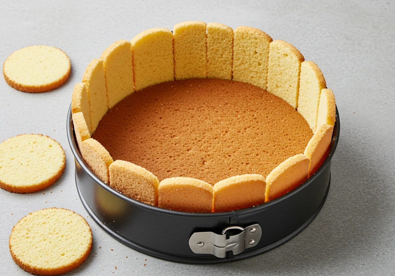 Tapisser un moule à gâteau avec des tranches de gâteau éponge pour une présentation parfaite de la Charlotte Poire Chocolat Classique. Plats faciles à réaliser.