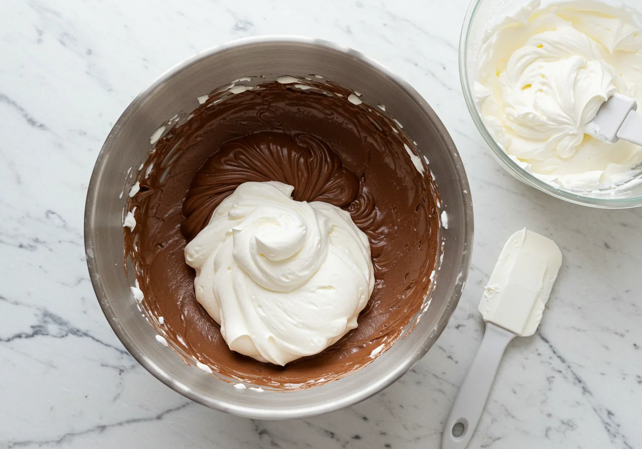 Incorporation de crème fouettée pour une texture légère dans la Charlotte Poire Chocolat.