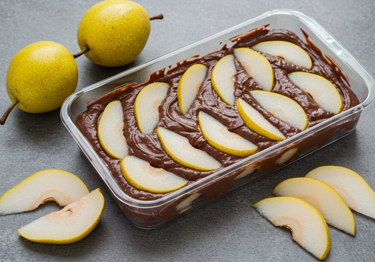 Mise en forme du mélange chocolat-poire dans un moule pour la Charlotte Poire Chocolat.