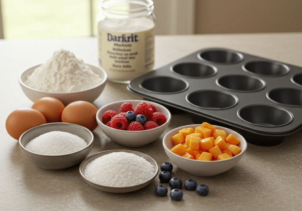Ingrédients disposés autour du moule à muffins pour préparer une délicieuse recette de muffins.