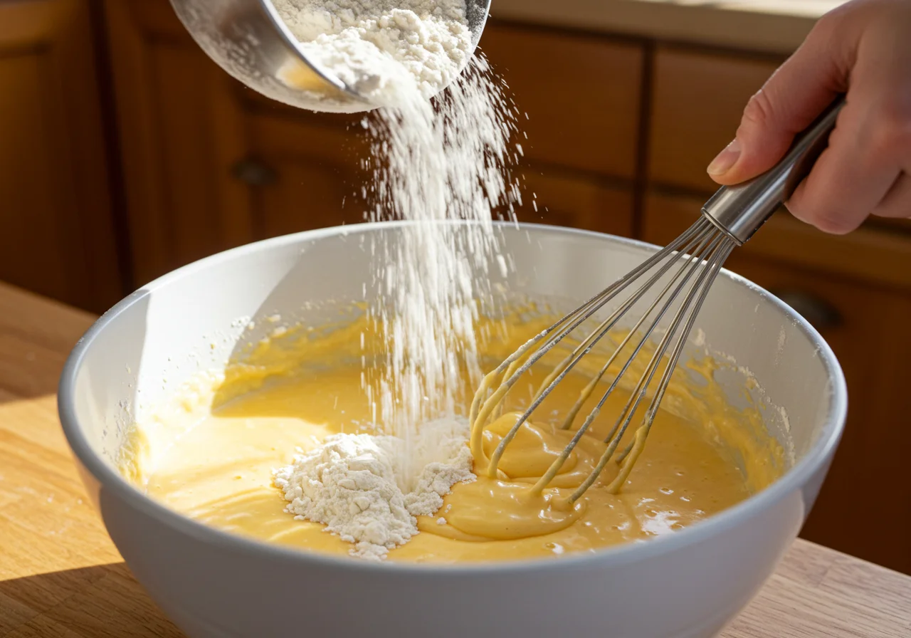 Incorporation de la farine dans le mélange pour clafoutis aux myrtilles, préparation de la pâte lisse.