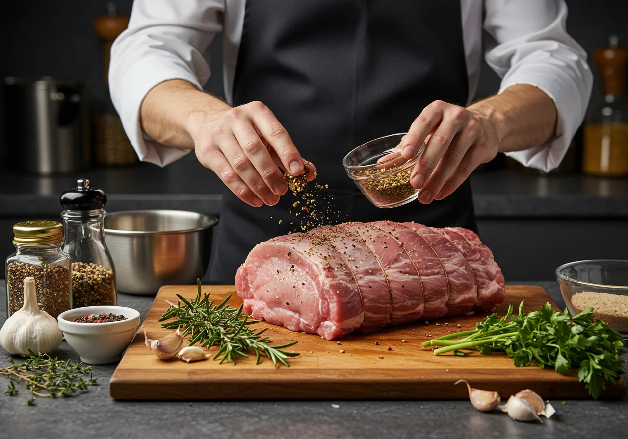 Préparation du rôti de porc avec des herbes et épices, un accompagnement roti de porc savoureux.