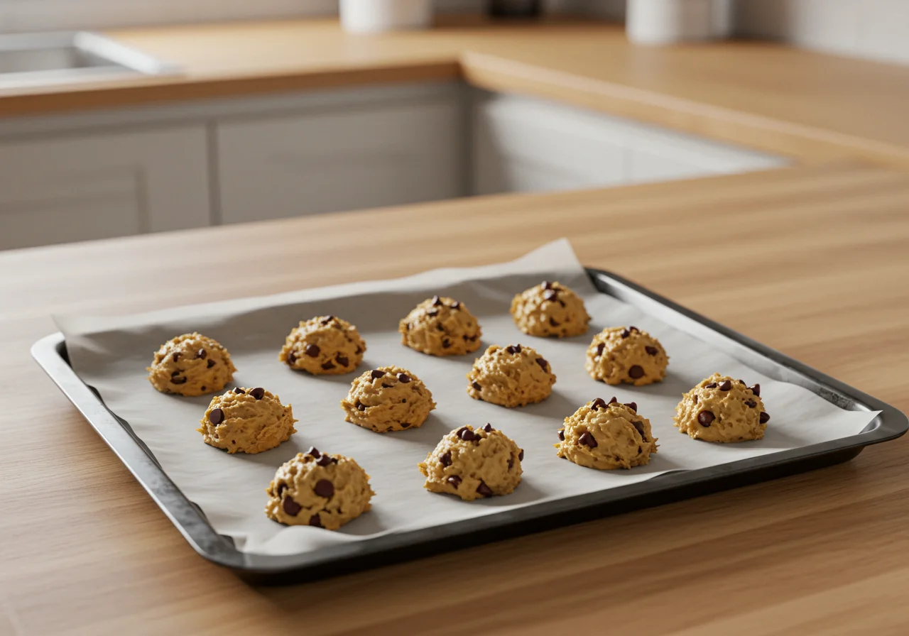 Dépose de la pùte à cookies sur une plaque de cuisson, préparant des cookies banane healthy sans sucre pour la cuisson.