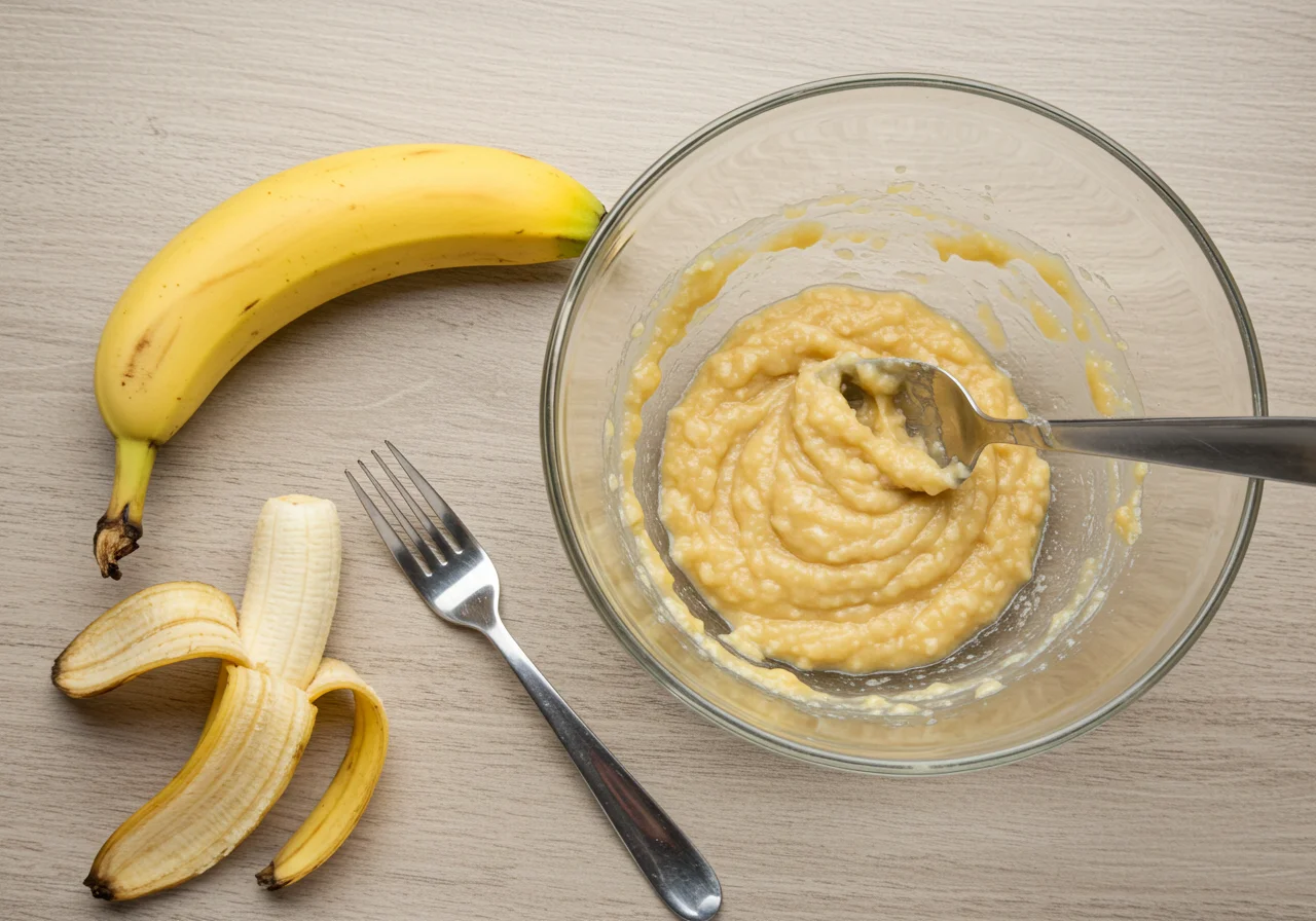 Mélanger des bananes mûres écrasées, du sucre brun et de l'extrait de vanille jusqu'à obtenir une consistance lisse pour la préparation de la recette cookies flocons d'avoine.