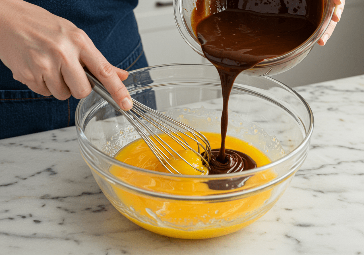 Battre les jaunes d'œufs dans un bol séparé pour préparer la crème dessert chocolatée, en les combinant avec le mélange de chocolat.