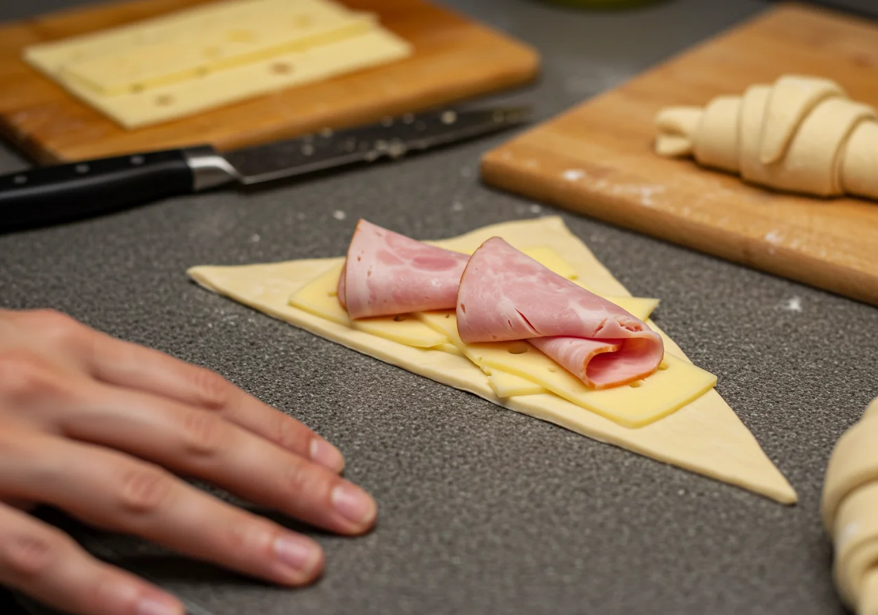 Assemblage des ingrédients pour les croissants au jambon fromage feuilletés, montrant le jambon et le fromage sur une pâte feuilletée prête.