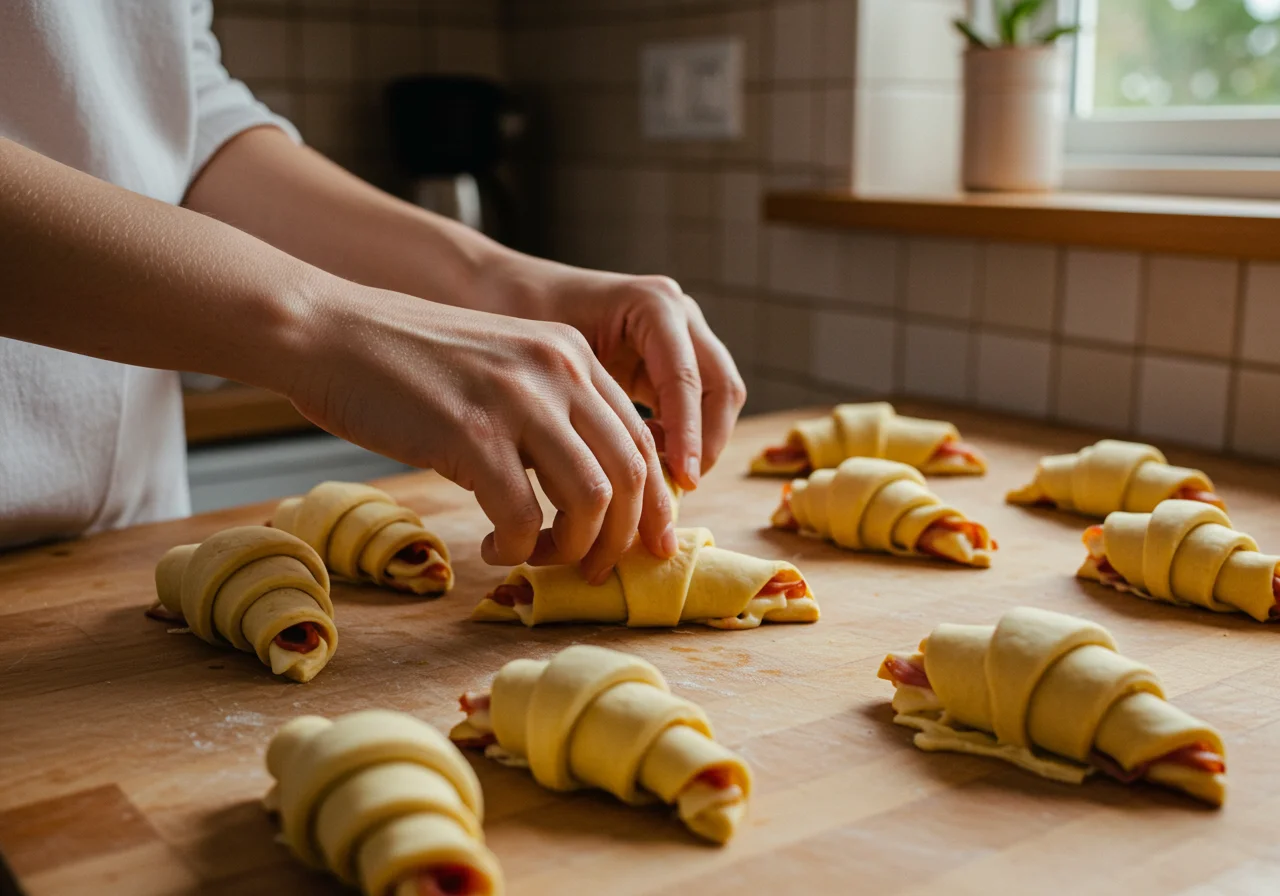 Rouler la pâte feuilletée en forme de croissants au jambon fromage, image d'un rôle traditionnel de la pâtisserie à la maison.