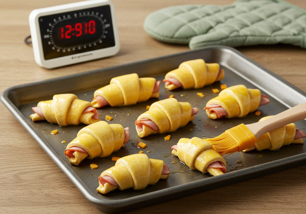 Pâtisserie des croissants au jambon fromage feuilletés maison, prêts à être cuits sur une plaque à pâtisserie avec un œuf battu.