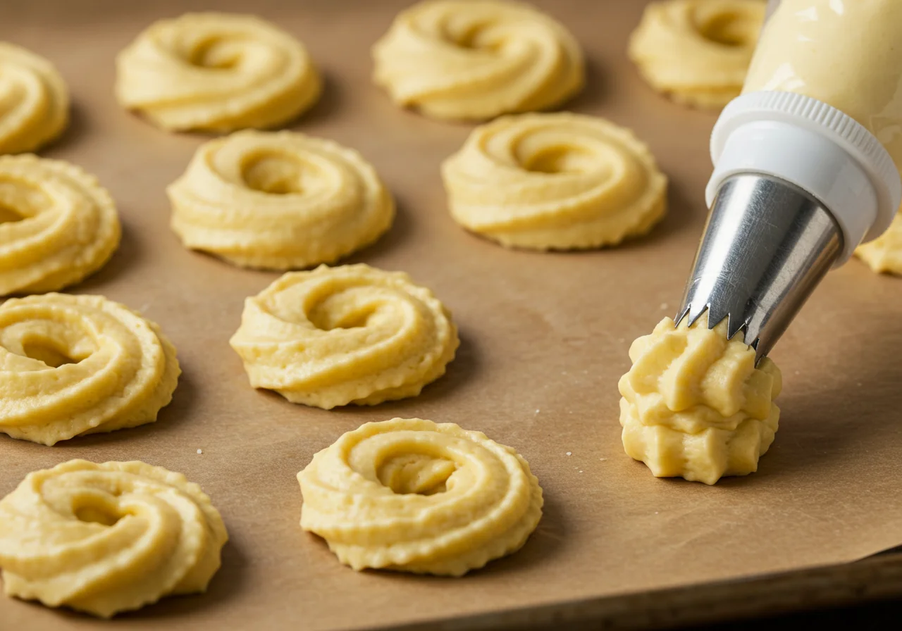Pochage de la pâte à crullers sur une plaque de cuisson en silicone, formant des cercles décoratifs.